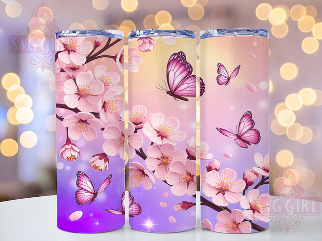 Pink Blossom Butterfly Tumbler, Cherry Blossom Design, Butterfly Floral Pattern, 20Oz Sublimation Wrap, Pink Blossom Art, Spring Butterfly Texture, Tumbler Sublimation Sublimation SvggirlplusArt 