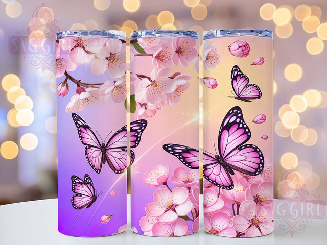 Pink Blossom Butterfly Tumbler, Cherry Blossom Design, Butterfly Floral Pattern, 20Oz Sublimation Wrap, Pink Blossom Art, Spring Butterfly Texture, Tumbler Sublimation Sublimation SvggirlplusArt 