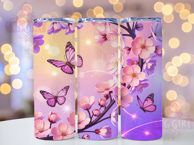 Pink Blossom Butterfly Tumbler, Cherry Blossom Design, Butterfly Floral Pattern, 20Oz Sublimation Wrap, Pink Blossom Art, Spring Butterfly Texture, Tumbler Sublimation Sublimation SvggirlplusArt 