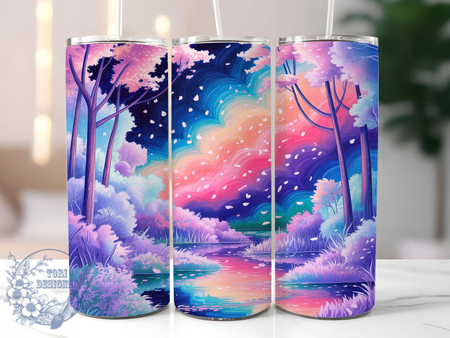 Pink Blossom River Landscape Tumbler, Painterly River Scene, Floral Landscape Tumbler, 20Oz Wrap Design, Blossom Sublimation, Pastel Nature Art, Spring River Theme Sublimation ToriDesigns 