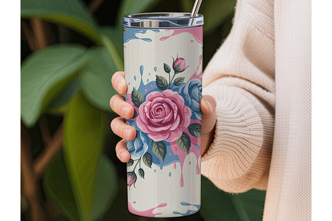 Pink & Blue Rose Floral 20oz Tumbler Sublimation DesignSVG 