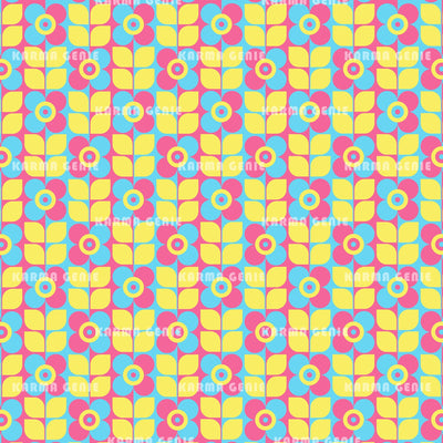 Pink Blue Yellow Mid Century Retro Flowers Pattern Digital Paper Digital Pattern Karma Genie Graphics 