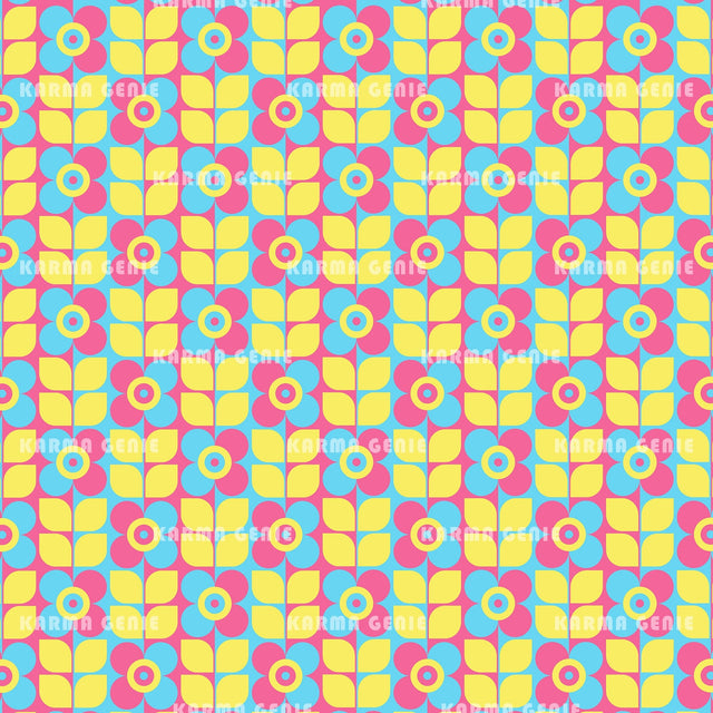Pink Blue Yellow Mid Century Retro Flowers Pattern Digital Paper Digital Pattern Karma Genie Graphics 