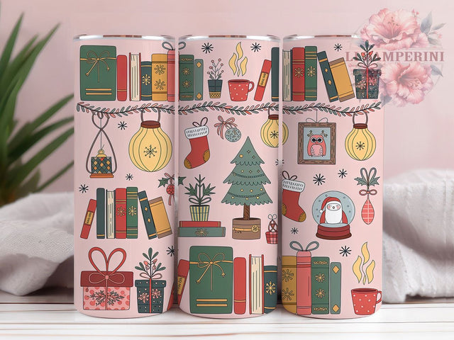 Pink Bookish Christmas Tumbler, Cute Christmas Wrap, Holiday Mug Design, Sublimation Wrap, Festive Drinkware, Cozy Winter Gift, Reading Christmas Cup Sublimation Li Zamperini 