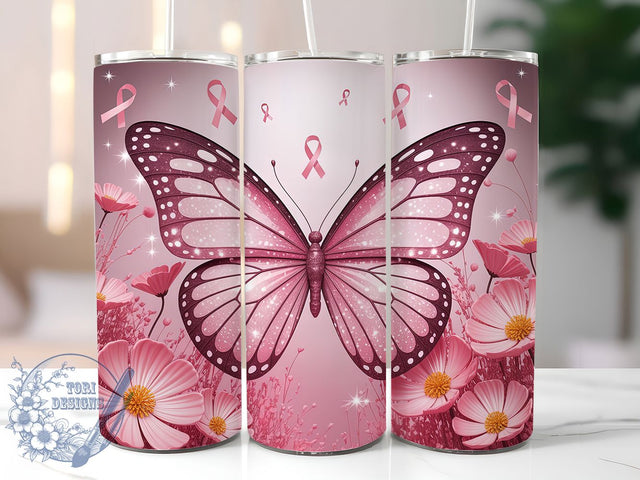 Pink Bow Butterfly Ribbon 20oz Tumbler, Pink Ribbon, Pink Bow, Pink Butterfly, Survivor Support, Sublimation Wrap, 20Oz Tumbler Sublimation ToriDesigns 
