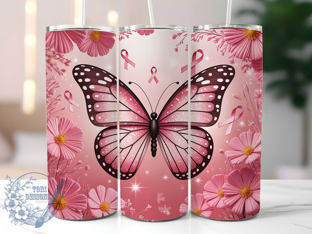 Pink Bow Butterfly Ribbon 20oz Tumbler, Pink Ribbon, Pink Bow, Pink Butterfly, Survivor Support, Sublimation Wrap, 20Oz Tumbler Sublimation ToriDesigns 