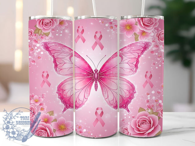Pink Bow Butterfly Ribbon 20oz Tumbler, Pink Ribbon, Pink Bow, Pink Butterfly, Survivor Support, Sublimation Wrap, 20Oz Tumbler Sublimation ToriDesigns 
