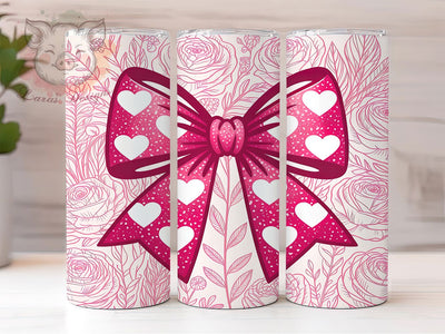 Pink Bow Floral Valentine Tumbler, Floral Heart Pattern, Romantic Seamless Design, 20Oz Sublimation Wrap, Cute Love Art, Elegant Valentine Texture, Tumbler Sublimation Sublimation Lara' s Designs 