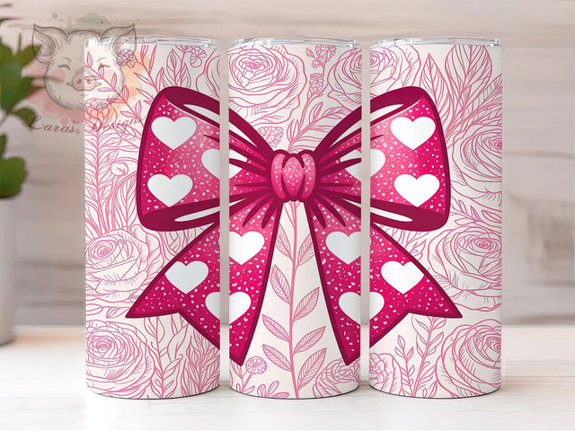 Pink Bow Floral Valentine Tumbler, Floral Heart Pattern, Romantic Seamless Design, 20Oz Sublimation Wrap, Cute Love Art, Elegant Valentine Texture, Tumbler Sublimation Sublimation Lara' s Designs 