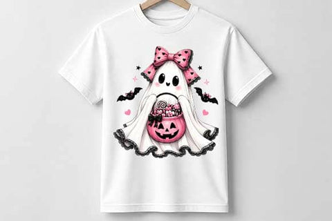 Pink Bow Ghost PNG, Cute Halloween Sublimation Design SVG BillahCrafts 