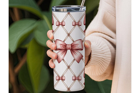 Pink Bow Lattice 20oz Tumbler Wrap Sublimation DesignSVG 