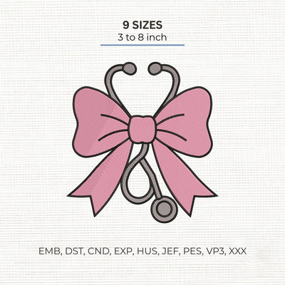 Pink Bow Nurse Embroidery Design – Coquette Stethoscope Nursing Machine Embroidery File Embroidery/Applique DESIGNS PatternFeed8 