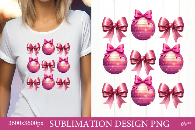 Pink Bow PNG, Disco Ball PNG. Valentine Sublimation Sublimation Olga Terlyanskaya 