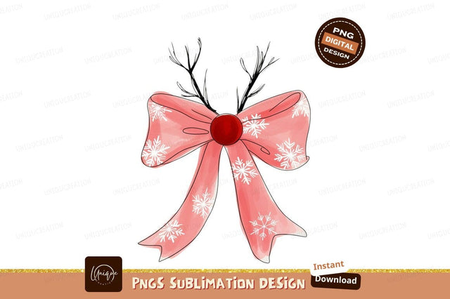 Pink bow reindeer antlers snowflakes image Sublimation Designangry 
