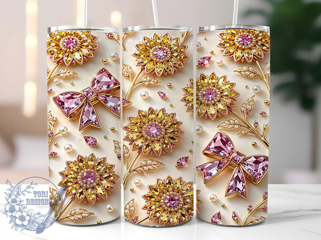 Pink Bow Sunflowers 20oz Tumbler, Sunflower Motif, Pink Bow, Floral Theme, Garden Style, Whimsical Charm, 20oz Wrap, Sublimation Tumbler Sublimation ToriDesigns 