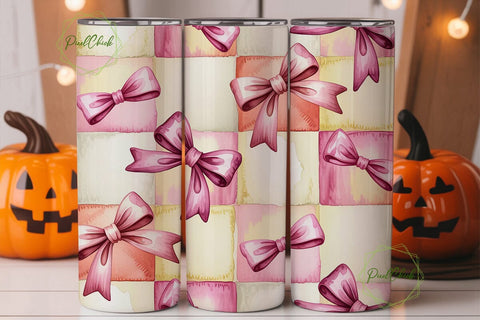 Pink Bows Watercolor Checker Tumbler Sublimation PixelChick 