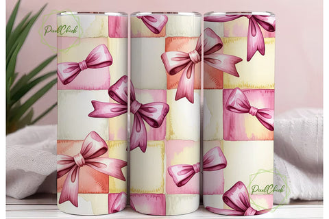 Pink Bows Watercolor Checker Tumbler Sublimation PixelChick 