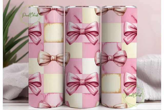 Pink Bows Watercolor Checker Tumbler Sublimation PixelChick 