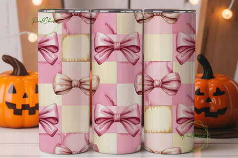 Pink Bows Watercolor Checker Tumbler Sublimation PixelChick 
