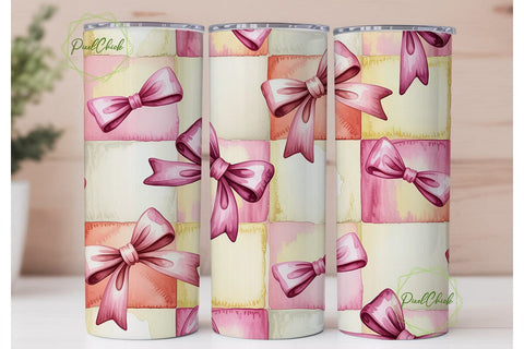 Pink Bows Watercolor Checker Tumbler Sublimation PixelChick 