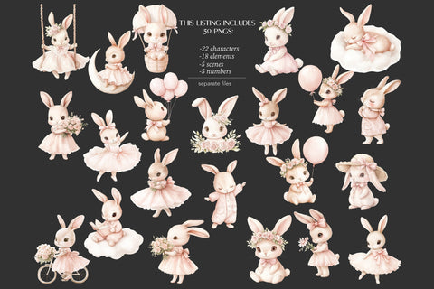 Pink Bunny Clipart | Ballerina Rabbit PNG for Baby Shower SVG GlamArtZhanna 
