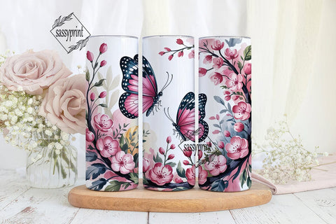 Pink Butterfly Blossom 20oz Tumbler Wrap Sublimation sassyprint 