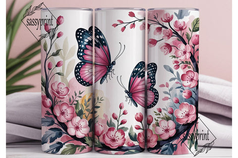 Pink Butterfly Blossom 20oz Tumbler Wrap Sublimation sassyprint 