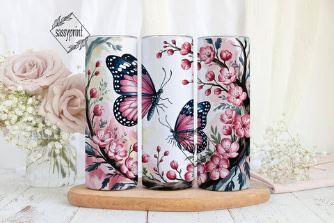 Pink Butterfly Blossom 20oz Tumbler Wrap Sublimation sassyprint 
