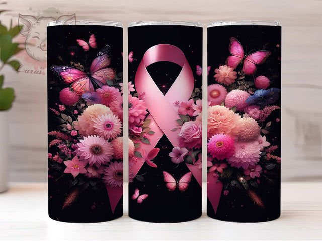 Pink Butterfly Cancer Awareness Tumbler, Breast Cancer Awareness Pattern, Butterfly Ribbon Design, 20Oz Sublimation Wrap, Hope Ribbon Art, Awareness Butterfly Texture, Tumbler Sublimation Sublimation Lara' s Designs 