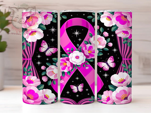 Pink Butterfly Cancer Awareness Tumbler, Breast Cancer Awareness Pattern, Butterfly Ribbon Design, 20Oz Sublimation Wrap, Hope Ribbon Art, Awareness Butterfly Texture, Tumbler Sublimation Sublimation Lara' s Designs 