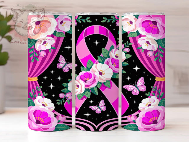 Pink Butterfly Cancer Awareness Tumbler, Breast Cancer Awareness Pattern, Butterfly Ribbon Design, 20Oz Sublimation Wrap, Hope Ribbon Art, Awareness Butterfly Texture, Tumbler Sublimation Sublimation Lara' s Designs 