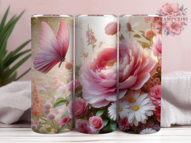 Pink Butterfly floral 20 oz Skinny Tumbler, 3D Pink Butterfly floral, Instant Digital Download PNG, Straight & Tapered Tumbler Wrap PNG Sublimation Li Zamperini 
