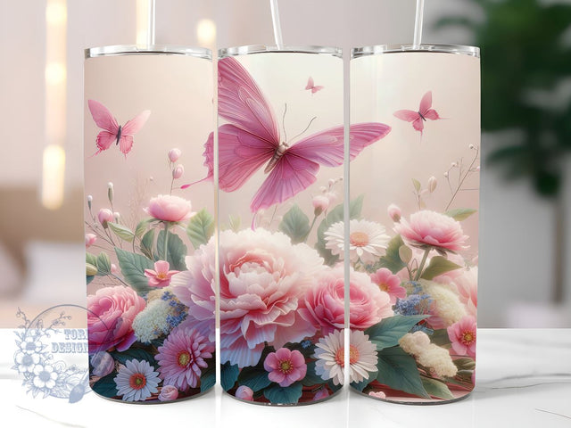 Pink Butterfly Floral 20 oz Skinny Tumbler Sublimation Design, Floral Tumbler Wrap, 20oz Tumbler Wrap, Tumbler Butterflies 20 oz Skinny Tumbler Sublimation ToriDesigns 