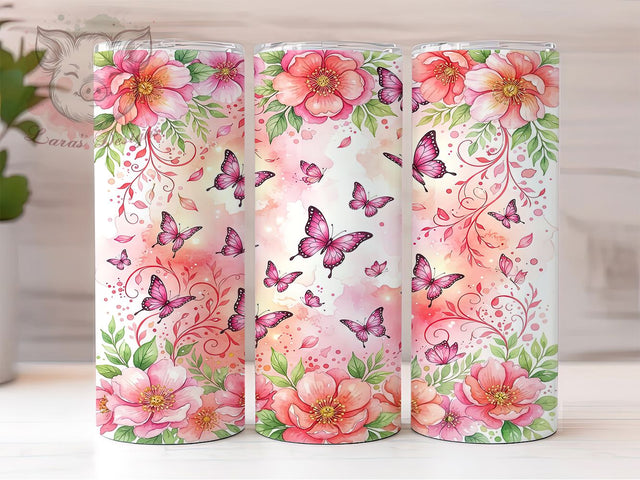 Pink Butterfly Floral 20oz Tumbler, Pink Butterfly, Butterfly Floral, Pink Floral, Butterfly Tumbler, Floral Tumbler, 20oz Tumbler, Tumbler Wrap Sublimation Lara' s Designs 