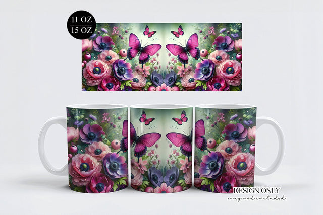 Pink Butterfly Floral Mug Wrap – 11oz 15oz PNG Sublimation BijouBay 