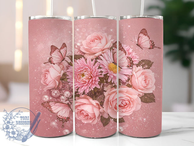Pink Butterfly Floral Tumbler, Pink Butterfly, Flower Tumbler, 20oz Tumbler Wrap, Floral Sublimation, Butterfly Gift, Spring Decor, Tumbler Design Sublimation ToriDesigns 