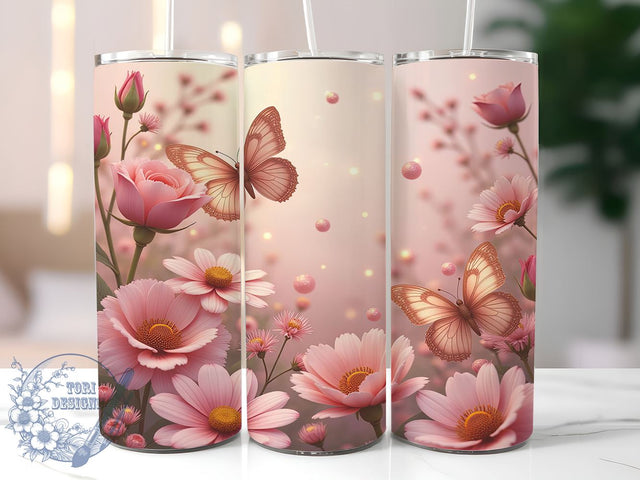 Pink Butterfly Floral Tumbler, Pink Butterfly, Flower Tumbler, 20oz Tumbler Wrap, Floral Sublimation, Butterfly Gift, Spring Decor, Tumbler Design Sublimation ToriDesigns 