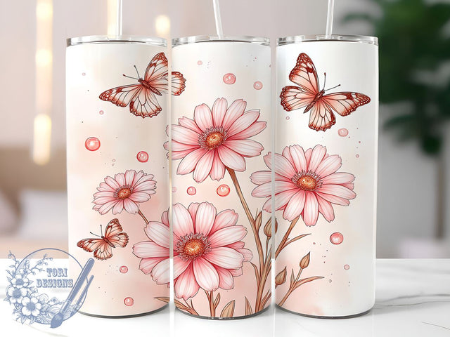 Pink Butterfly Floral Tumbler, Pink Butterfly, Flower Tumbler, 20oz Tumbler Wrap, Floral Sublimation, Butterfly Gift, Spring Decor, Tumbler Design Sublimation ToriDesigns 