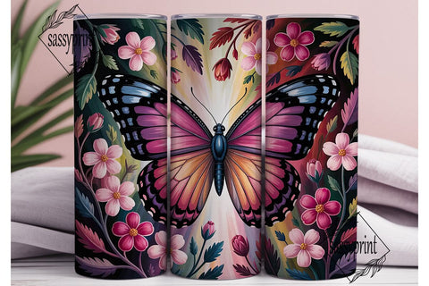 Pink Butterfly Floral Tumbler Wrap PNG Sublimation sassyprint 