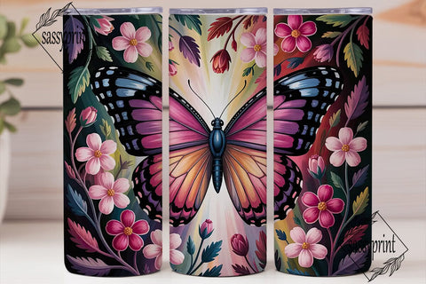Pink Butterfly Floral Tumbler Wrap PNG Sublimation sassyprint 