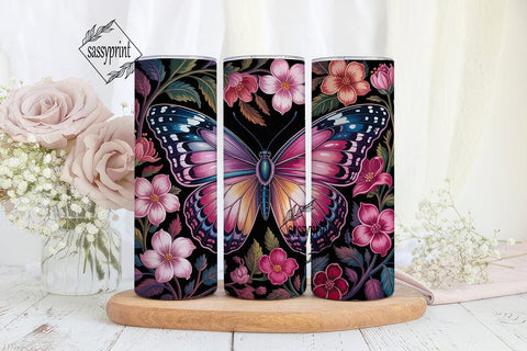Pink Butterfly Floral Tumbler Wrap PNG Sublimation sassyprint 