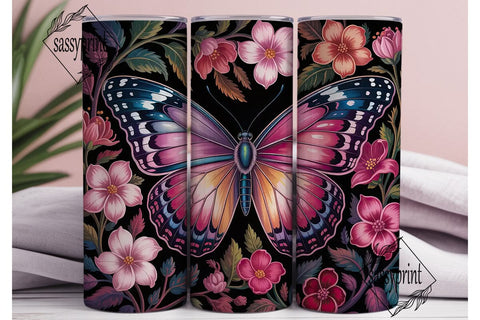 Pink Butterfly Floral Tumbler Wrap PNG Sublimation sassyprint 