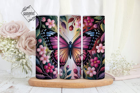 Pink Butterfly Floral Tumbler Wrap PNG Sublimation sassyprint 