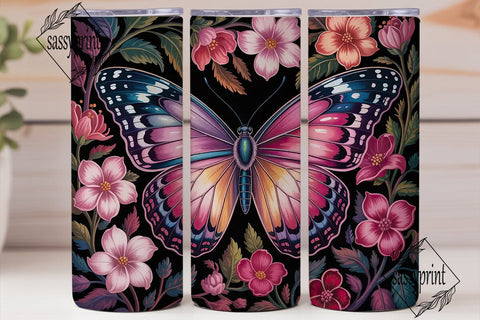 Pink Butterfly Floral Tumbler Wrap PNG Sublimation sassyprint 