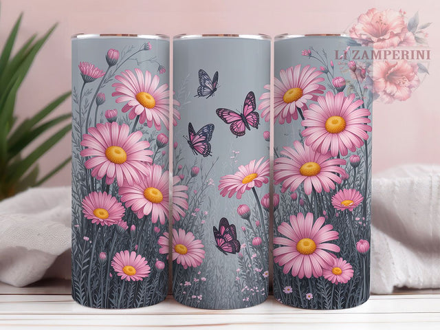 Pink Butterfly Floral Tumbler Wrap, Simple Line Art Tumbler, Minimalist Butterfly Sublimation, Elegant Floral Cup, Modern Line Art Drinkware, Butterfly Flower Mug, Chic Minimal Digital Sublimation Li Zamperini 