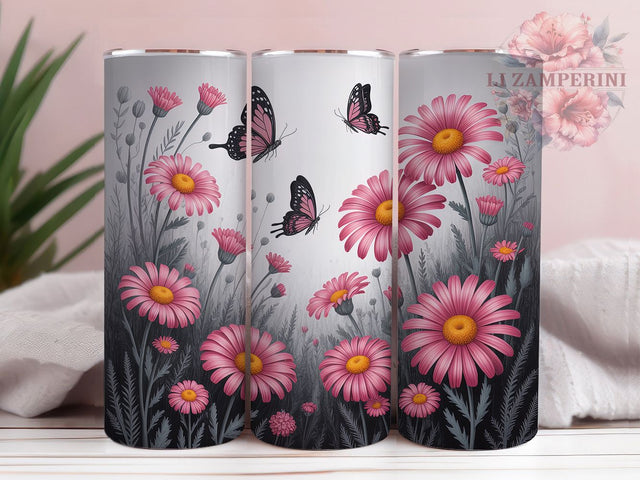 Pink Butterfly Floral Tumbler Wrap, Simple Line Art Tumbler, Minimalist Butterfly Sublimation, Elegant Floral Cup, Modern Line Art Drinkware, Butterfly Flower Mug, Chic Minimal Digital Sublimation Li Zamperini 