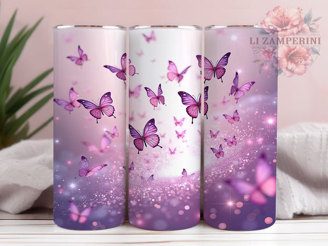 Pink Butterfly Glitter 20oz Tumbler Wrap, Glitter Tumbler Design, 20oz Sublimation Wrap, Butterfly Drinkware, Unique Gift Idea, Colorful Tumbler Pattern, Floral Glitter Tumbler Sublimation Li Zamperini 
