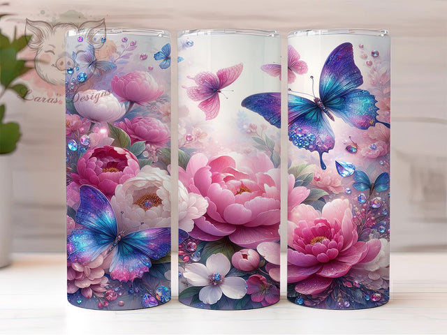 Pink Butterfly Glitter Sparkly Feminine Tumbler, Glitter Butterfly Wrap, 20oz Sublimation Design, Sparkly Insect PNG, Feminine Tumbler Wrap, Butterfly Cup Design, Cute Pink Tumbler Sublimation Lara' s Designs 