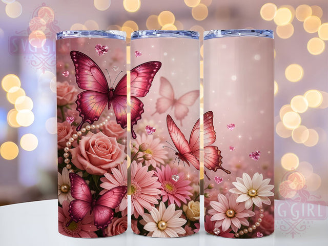 Pink Butterfly Heart Glam 20oz Tumbler, Butterfly Garden, Heart Motif, Pink Glam, Romantic Theme, Skinny Tumbler, Sublimation PNG Sublimation SvggirlplusArt 