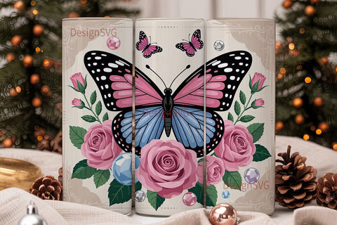 Pink Butterfly & Roses 20oz Tumbler Wrap Sublimation DesignSVG 